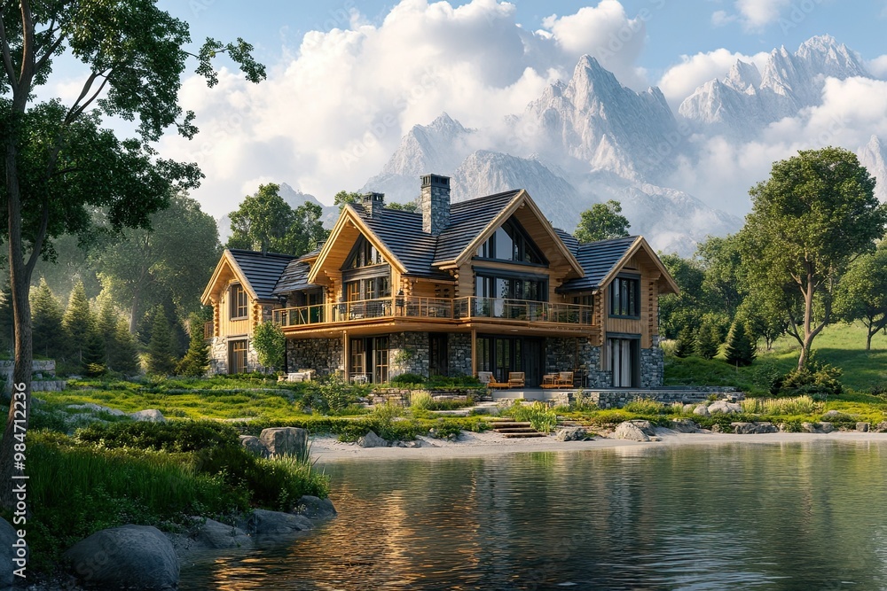 Obraz premium luxury classic dark yellow chalet house in the edge of clear lake 