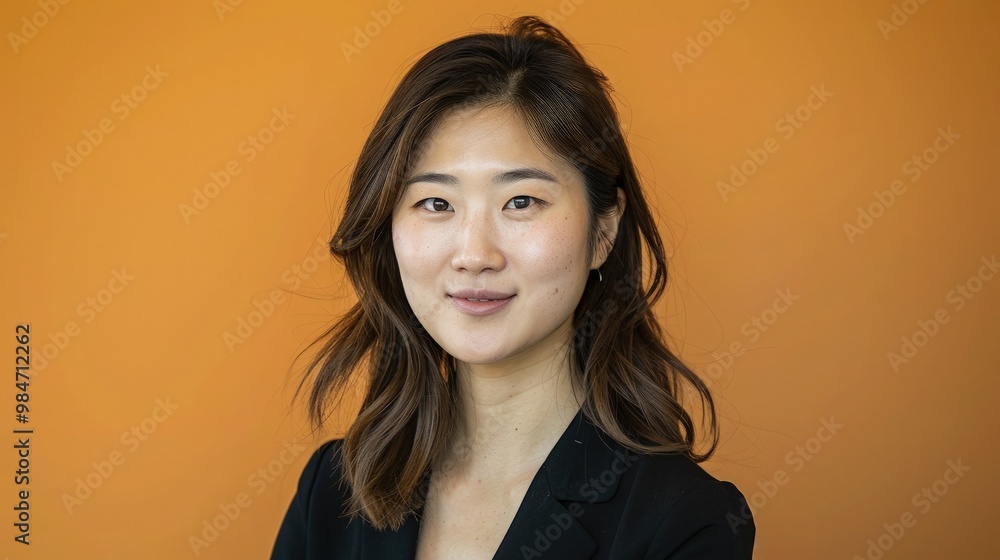 Korean woman with a mischievous grin, sparkling eyes, bright orange background, exuding spontaneity and fun. Korean woman with a mischievous grin, sparkling eyes, bright orange background, exuding spontaneity and fun.