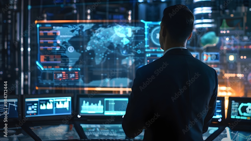 Security expert monitoring holographic surveillance interface with real time threat analysis data Security expert monitoring holographic surveillance interface with real time threat analysis data