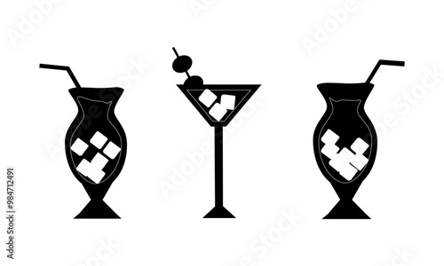 Set of black and white glasses with summer cocktails, refreshing cool alcoholic and non-alcoholic drinks with ice - vector flat illustration, icons