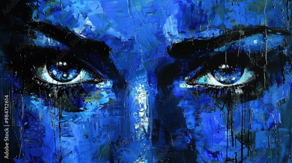 A Vulnerable woman with teary eyes expressing sadness against a deep indigo background. A Vulnerable woman with teary eyes expressing sadness against a deep indigo background.