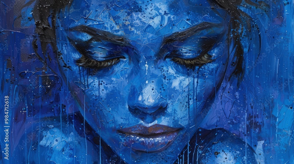 A Vulnerable woman with teary eyes expressing sadness against a deep indigo background. A Vulnerable woman with teary eyes expressing sadness against a deep indigo background.