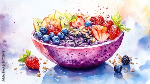 Vibrant bowl of smoothie topped with fresh fruits and seeds, showcasing a colorful and healthy breakfast option. photo