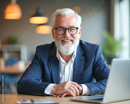 a gray-haired smiling businessman is sitting at a desk typing on a laptop in a modern office