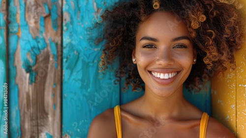 Confident American woman standing tall with a bright smile against a vibrant turquoise background.