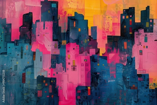 A painting of a cityscape with pink and blue buildings