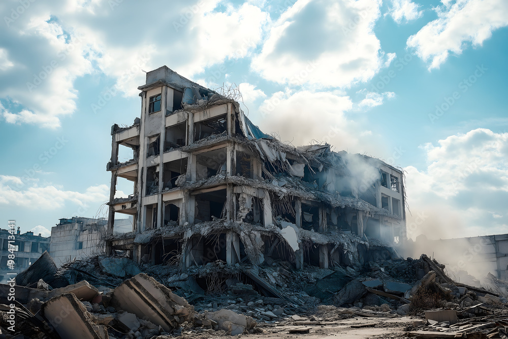 Fototapeta premium Abandoned building demolition aftermath with rubble and debris, destroyed structure, urban decay, crumbling architecture, collapsed building ruins, disaster site, destruction, ruins, broken cityscape