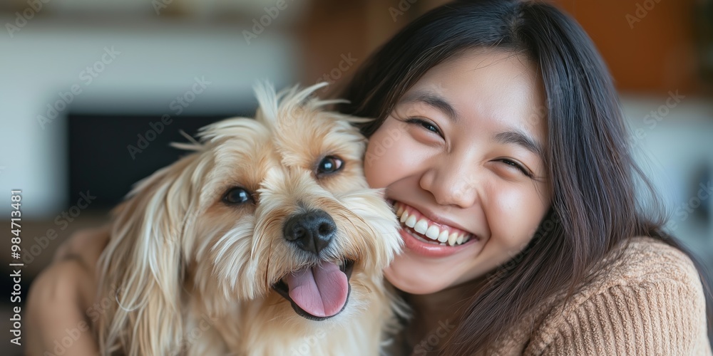 A woman is smiling and hugging a dog. The dog is wagging its tail and he is happy. The woman's smile and the dog's wagging tail create a warm and joyful atmosphere A woman is smiling and hugging a dog. The dog is wagging its tail and he is happy. The woman's smile and the dog's wagging tail create a warm and joyful atmosphere