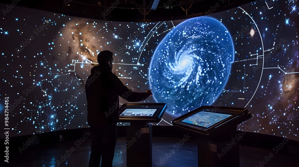 Fototapeta premium Immersive Astronomy Exhibit with Interactive Planetarium Dome and Touch Sensitive Star Maps for Exploring the Night Sky