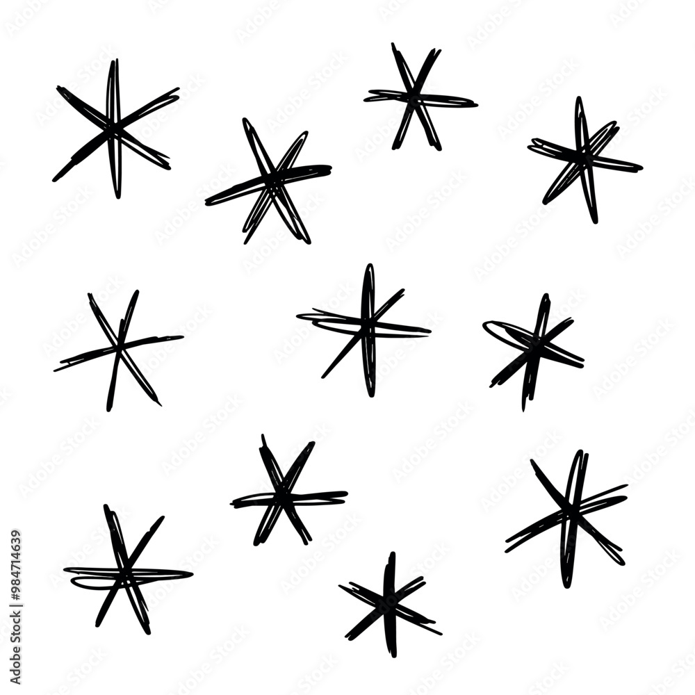 Set of snowflakes hand drawn with black marker in sketch style, vector set