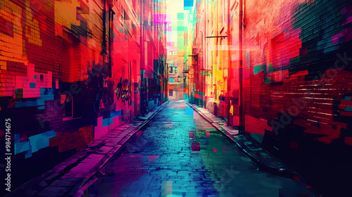 A vibrant urban alley with colorful glitch art overlay, merging digital distortion with street graffiti. Graffiti Alley. Illustration