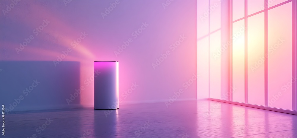 White Cylinder Speaker with Pink and Purple Lighting in a Room with a Window. White Cylinder Speaker with Pink and Purple Lighting in a Room with a Window.