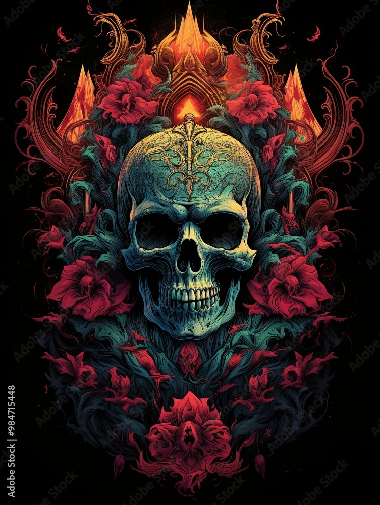 Ornate Skull Adorned with Crimson Flowers and Intricate Design Ornate Skull Adorned with Crimson Flowers and Intricate Design