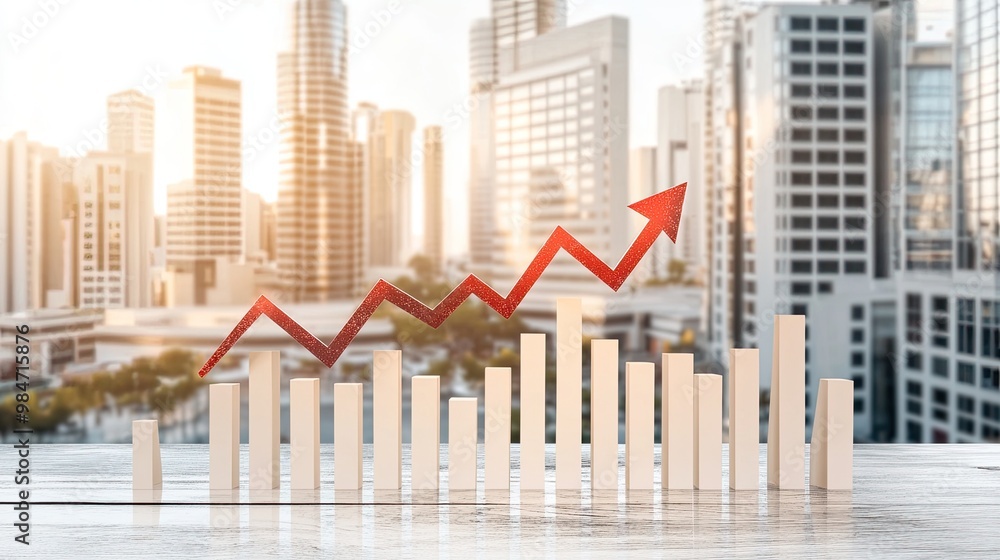 Fototapeta premium A financial visualization showcases a downward trend in stock prices with red arrows and bar graphs overlaying a city business center, illustrating market fluctuations and economic concerns