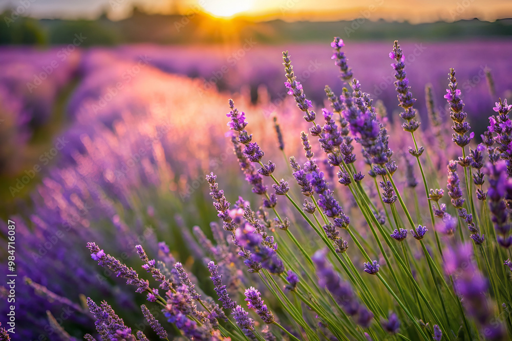 A vast field of lavender flowers, with the sun shining brightly on them. The flowers are in full bloom, creating a beautiful and serene scene. The sun's rays cast a warm glow over the field