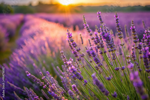 Obraz na płótnie A vast field of lavender flowers, with the sun shining brightly on them. The flowers are in full bloom, creating a beautiful and serene scene. The sun's rays cast a warm glow over the field w salonie