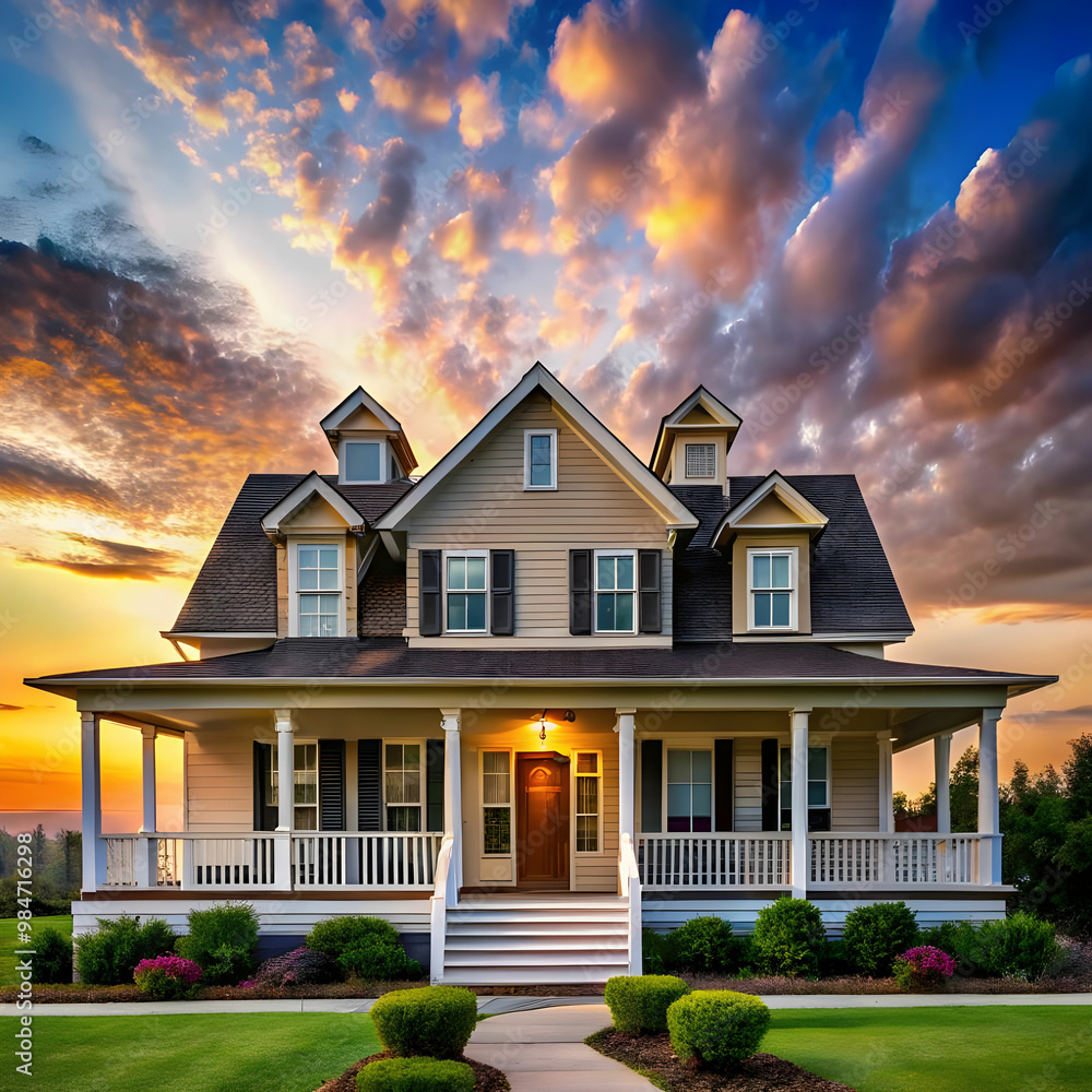 a house with a large front porch and a sky a house with a large front porch and a sky