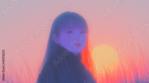 girl in foggy sunrise or sunset