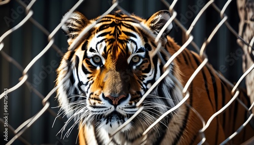 Intense gaze of a tiger trapped behind metallic bars, showcasing the stark contrast between wild beauty and the confines of captivity photo