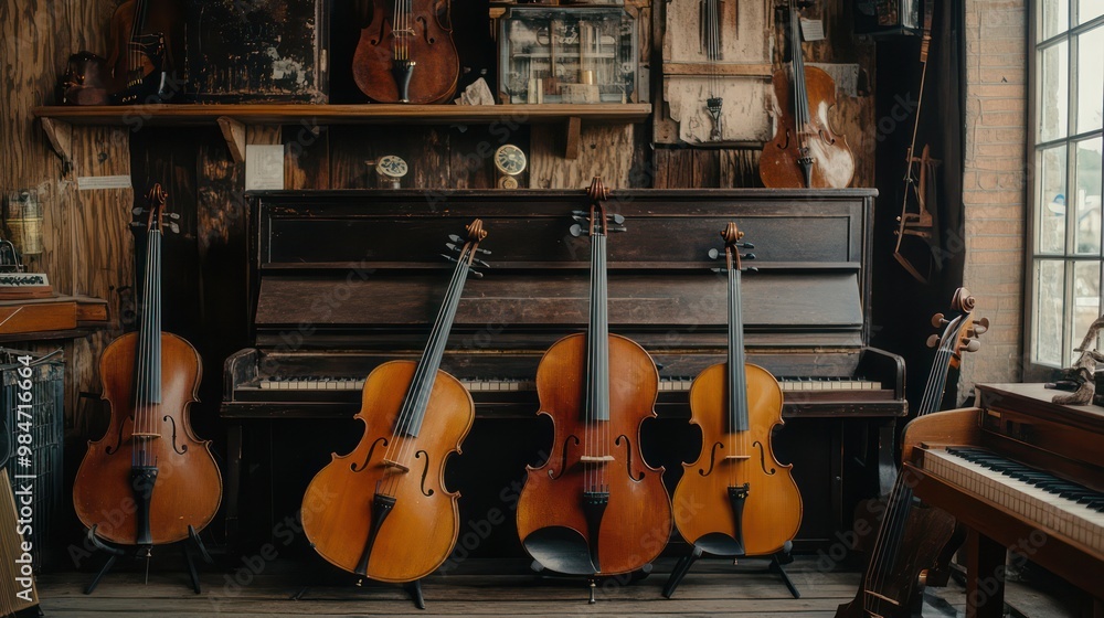 Naklejka premium Vintage music instruments setup, showcasing classic guitars, violins, and pianos in a warm, nostalgic atmosphere.