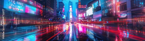 A city street with neon lights and a sign that says "Panorama"