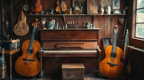 Vintage music instruments setup, showcasing classic guitars, violins, and pianos in a warm, nostalgic atmosphere.