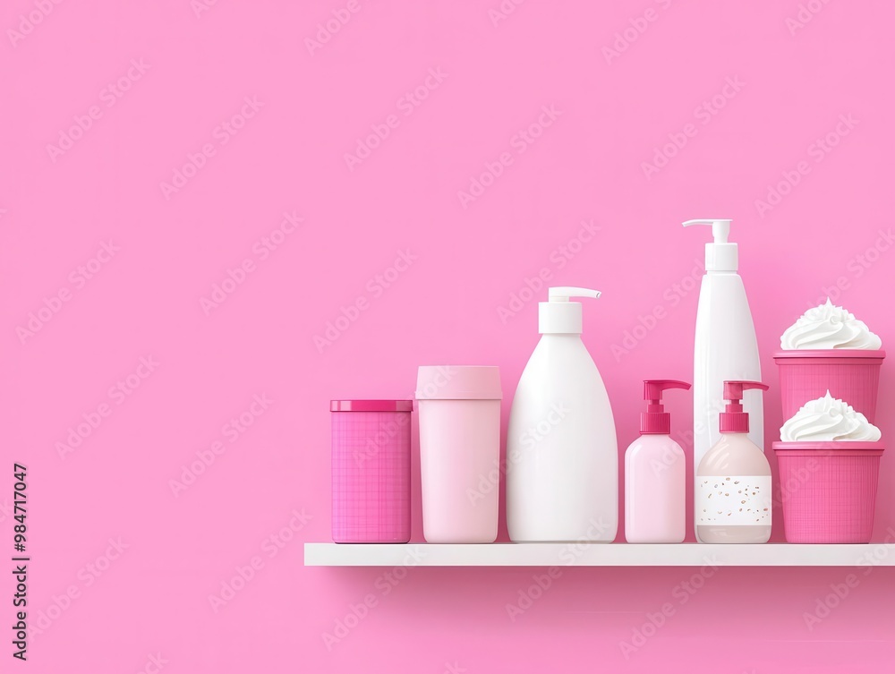 Shelf with dairy products, whipped cream cans, flat design illustration Shelf with dairy products, whipped cream cans, flat design illustration