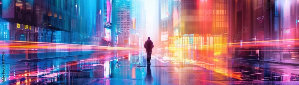 A man walks down a city street in the rain A man walks down a city street in the rain