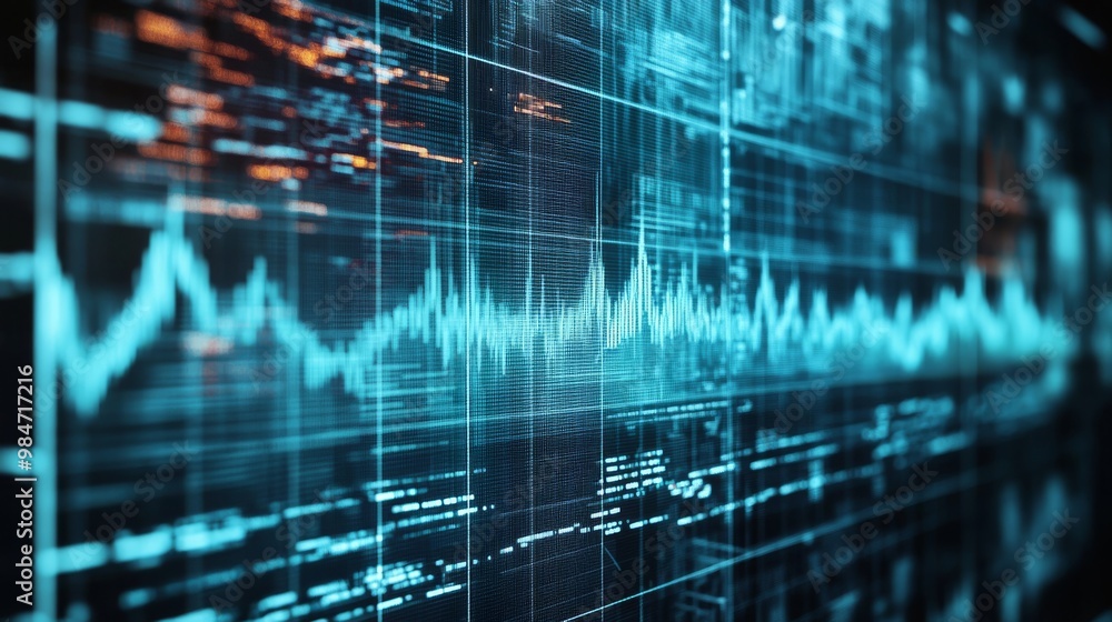 A digital seismograph visualization that displays realtime earthquake data on a computer screen, effectively highlighting various wave patterns and seismic activity for thorough analysis and study A digital seismograph visualization that displays realtime earthquake data on a computer screen, effectively highlighting various wave patterns and seismic activity for thorough analysis and study