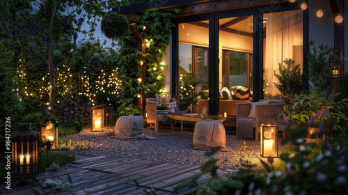 An outdoor patio in a sustainable home, illuminated by solar-powered garden lights and lanterns, creating a serene and eco-conscious evening atmosphere