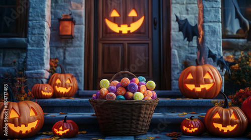 halloween candy lollipops and pumpkin in front of the door and table trick or treat jack o lantern background photo