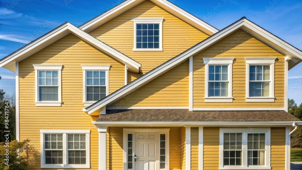 Front view of house with yellow vinyl siding, home, residential, architecture, exterior, siding, yellow, vinyl, house Front view of house with yellow vinyl siding, home, residential, architecture, exterior, siding, yellow, vinyl, house