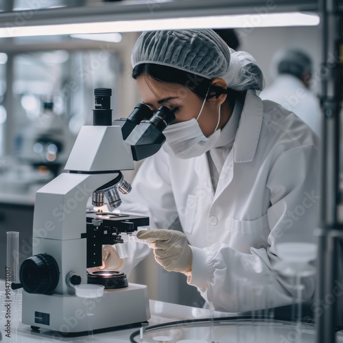 Crop unrecognizable female specialist in uniform with medical sample in microscope at work in laboratory.