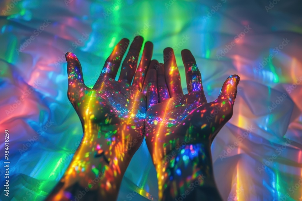 Two hands painted with colorful glitter, creating a vibrant Two hands painted with colorful glitter, creating a vibrant