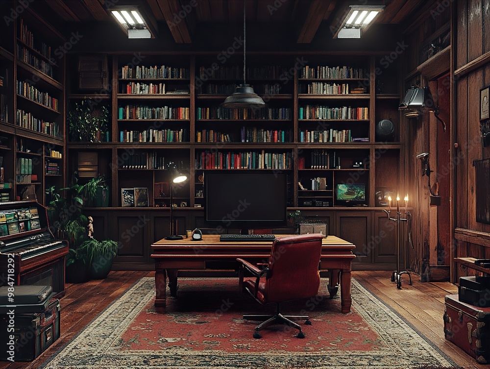 Dark Wood Library Interior Design with Bookshelves and Desk Dark Wood Library Interior Design with Bookshelves and Desk