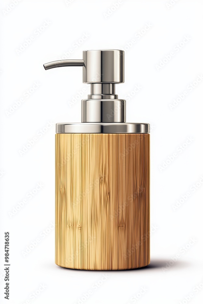 Obraz premium Elegant bamboo soap dispenser with a sleek silver pump, perfect for modern bathrooms and eco-friendly styling, white background
