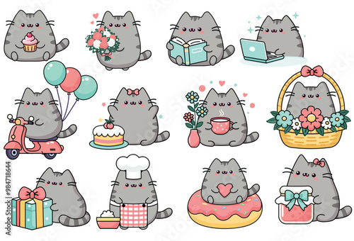 Pusheen the cat kawaii clipart set. Cute cat. Vector graphics. Isolated on white background.