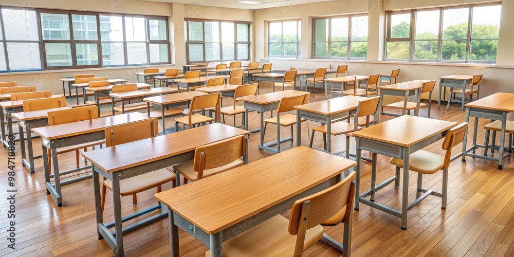 Classroom setting with wooden desks and chairs arranged neatly , classroom, desk, chair, school, education, learning Classroom setting with wooden desks and chairs arranged neatly , classroom, desk, chair, school, education, learning