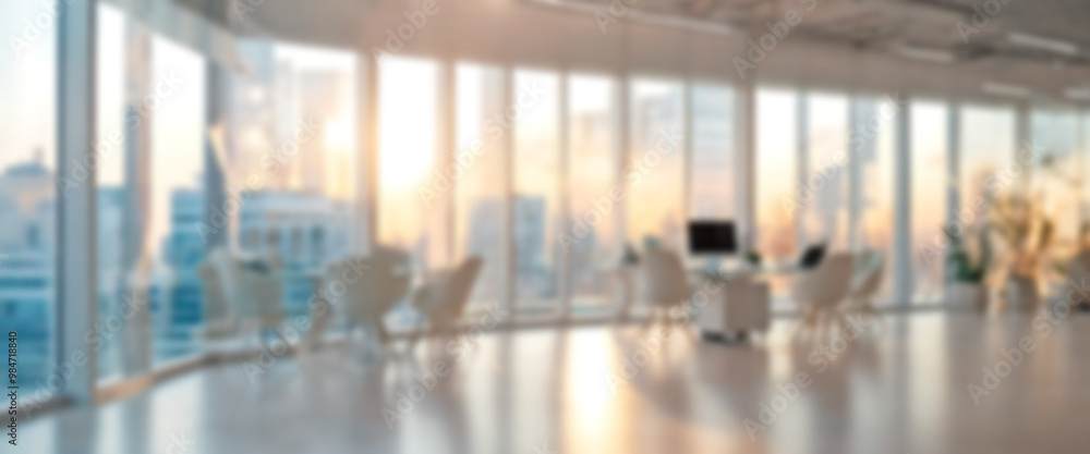 Obraz premium Softly blurred view of a sleek office space bathed in natural light from expansive windows, highlighting its modern design and ambient glow