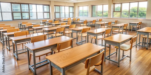 Wallpaper Mural Classroom setting with wooden desks and chairs arranged neatly , classroom, desk, chair, school, education, learning Torontodigital.ca