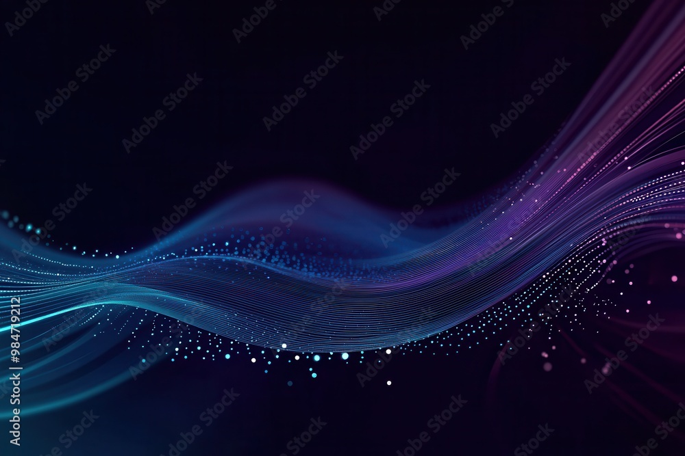 Futuristic wave of dots with moving particles. Abstract technology background. 3D visualization of big data.