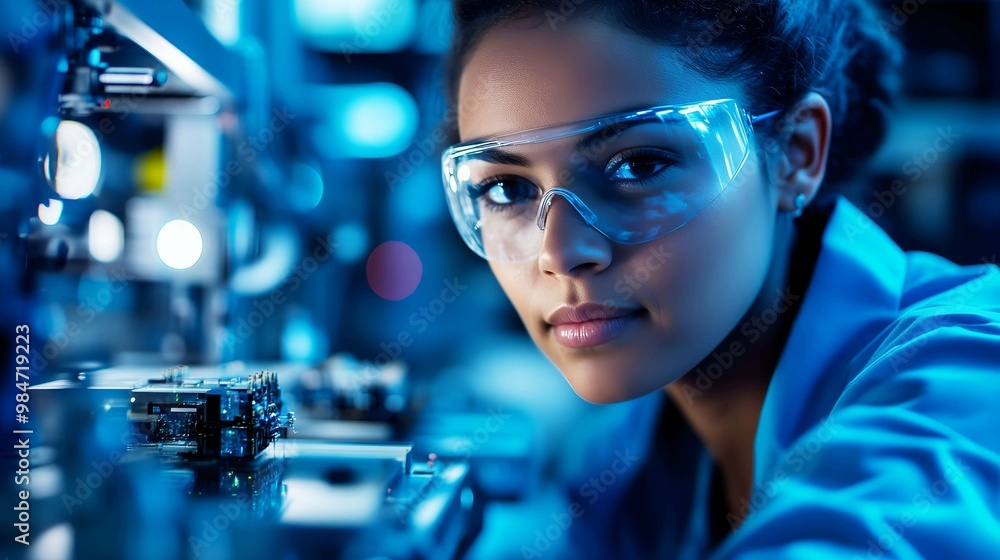 Female Engineer in High-Tech Lab with Circuitry Female Engineer in High-Tech Lab with Circuitry