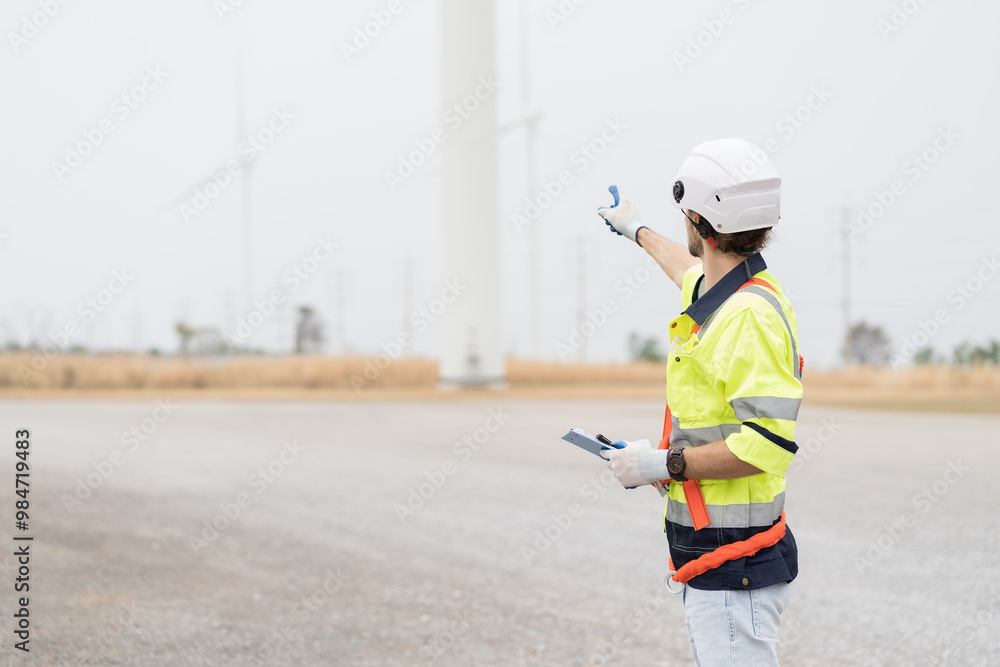 Male engineer working and inspecting quality of wind turbines at windmill field farm. Male engineer repairing or maintaining wind turbines at wind turbines farm Male engineer working and inspecting quality of wind turbines at windmill field farm. Male engineer repairing or maintaining wind turbines at wind turbines farm
