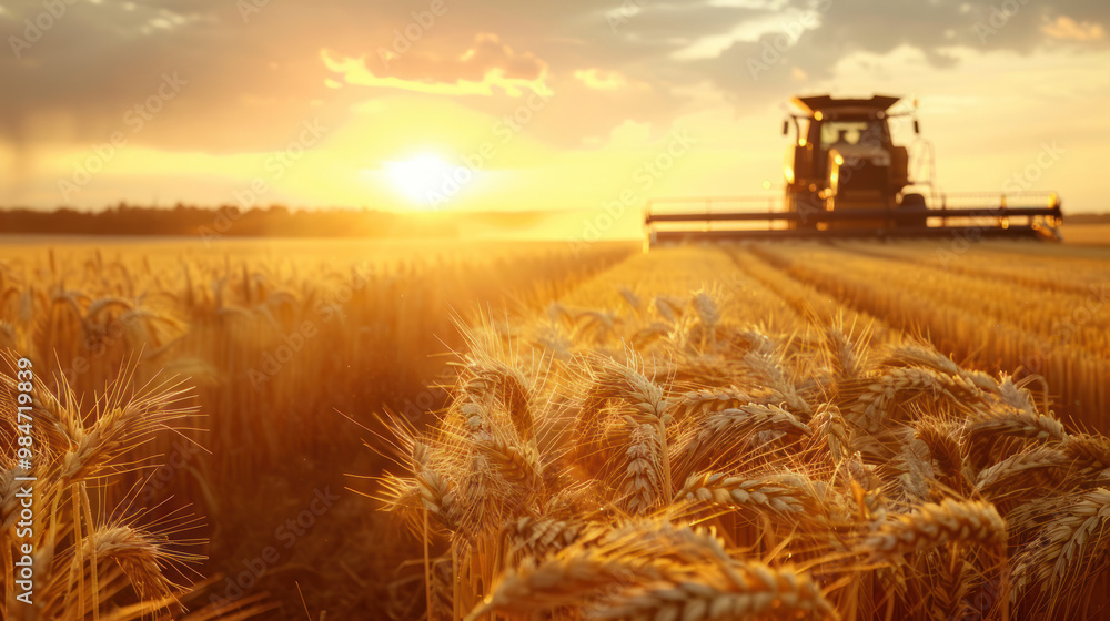 Fototapeta premium A truck driving through a golden wheat field at harvest time, with a combine harvester working in the background and the sun setting over the rural landscape