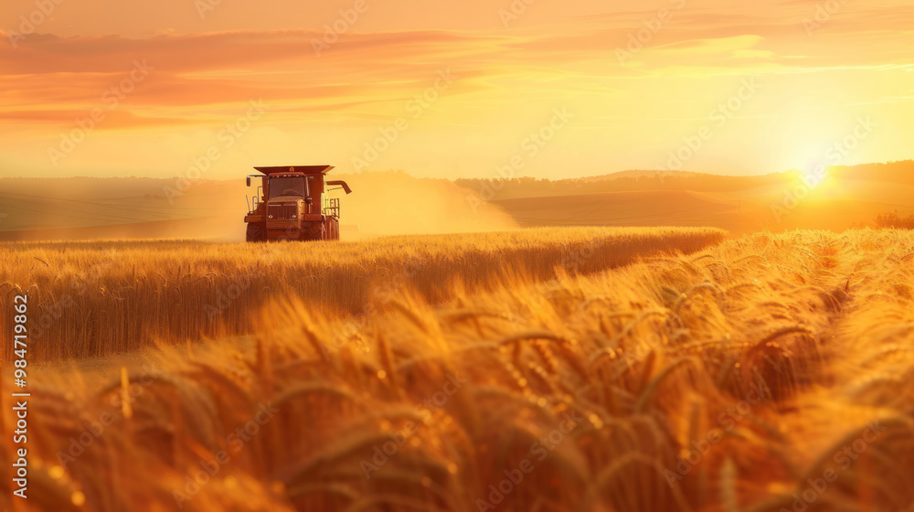 A truck driving through a golden wheat field at harvest time, with a combine harvester working in the background and the sun setting over the rural landscape A truck driving through a golden wheat field at harvest time, with a combine harvester working in the background and the sun setting over the rural landscape