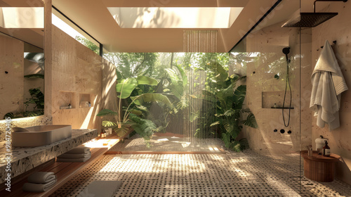 A sustainable home's bathroom with energy-efficient lighting and a skylight, allowing natural light to flood the space while reducing the need for electricity photo