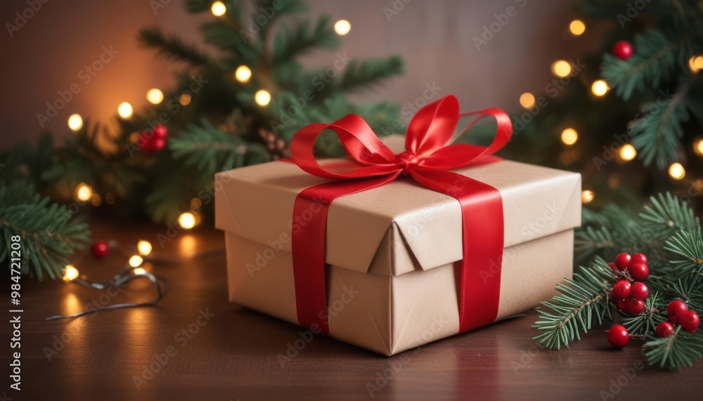 A gift box wrapped in beige paper with a red rib. Shell and fir branch A gift box wrapped in beige paper with a red rib. Shell and fir branch