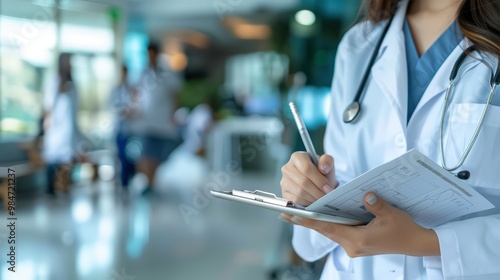 Closeup of a doctor hands holding medical records and writing on a clipboard