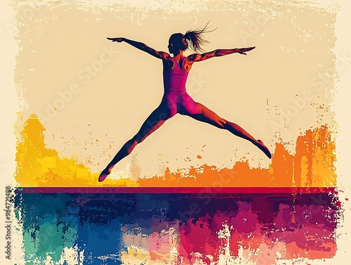 Vibrant poster of gymnast on the balance beam with abstract forms and a dynamic color palette