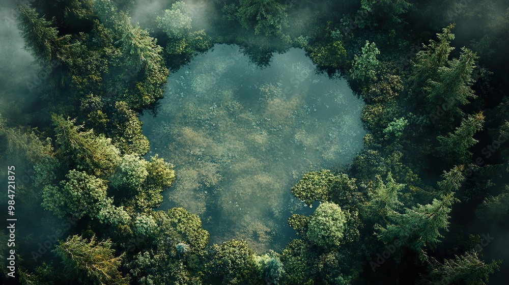 Aerial View of a Misty Forest with a Hidden Pond Aerial View of a Misty Forest with a Hidden Pond